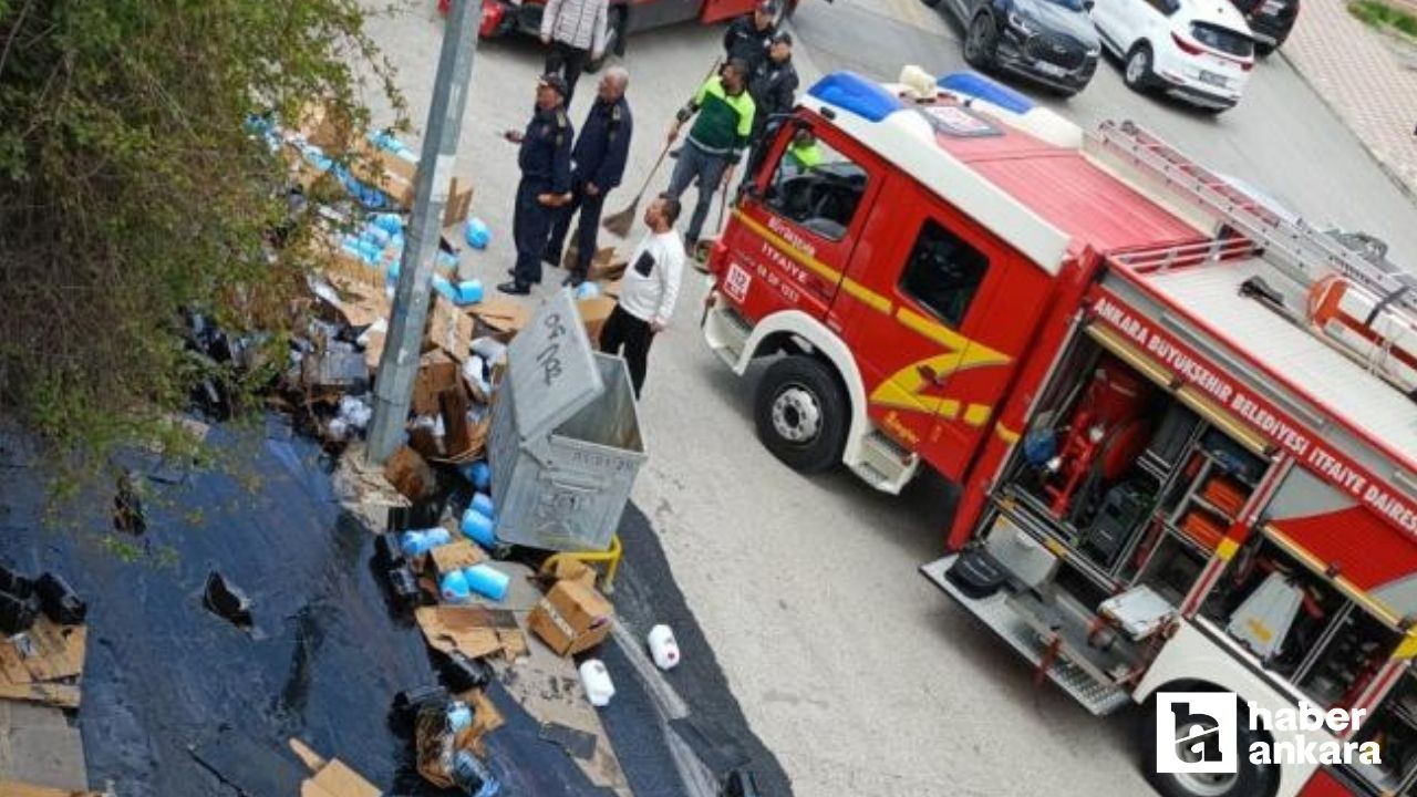 Keçiören'de freni boşalan kamyon trafoya çarpınca kimyasal maddeler yola saçıldı