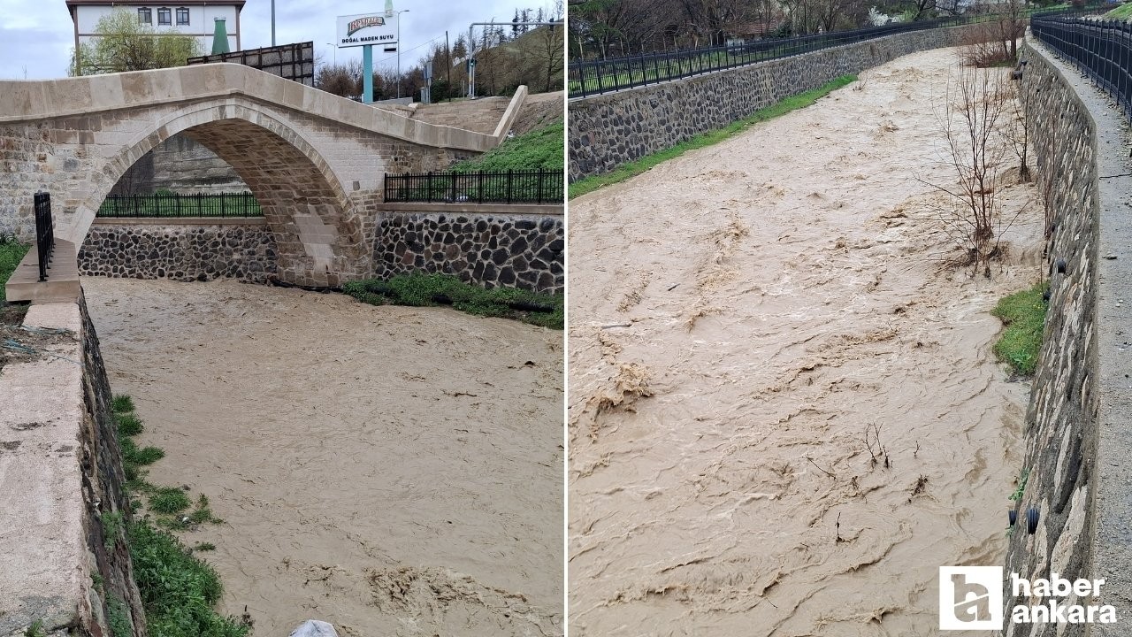 Beypazarı'nda etkili olan sağanak yağış derenin su seviyesini artırdı