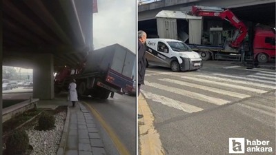 Altındağ'da konteyner yüklü vinç köprünün altına sıkıştı!