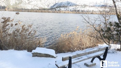 Eymir Gölü, kar yağışı sonrasında beyaza büründü!