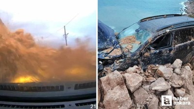 Mersin-Antalya yolunda heyelan araç kamerasına yansıdı