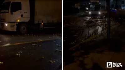 Yenimahalle'de kasası açılan kamyondaki elmalar yola saçıldı
