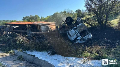 Çankırı'da şarampole devrilip yangın çıkan tırda sürücü yaralandı