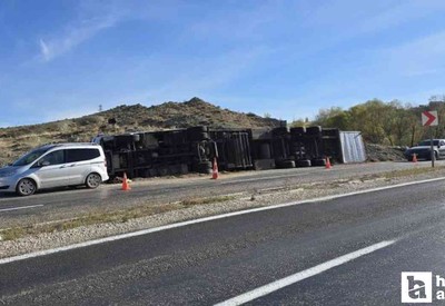 Haymana'da hayvan yüklü tır devrildi! 2 inek telef oldu