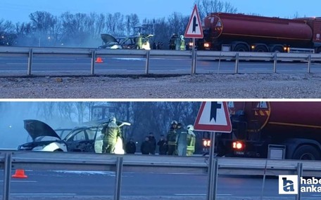 Akyurt'ta seyir halindeki araç alev topuna döndü