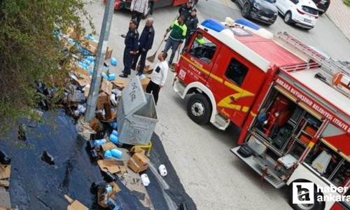 Keçiören'de freni boşalan kamyon trafoya çarpınca kimyasal maddeler yola saçıldı