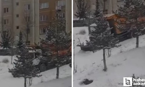 Mamak'ta kayan kar küreme aracı binanın duvarına çarptı