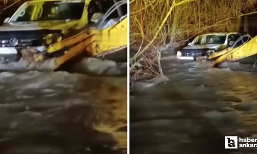 Çubuk'ta akıntıya kapılıp 150 metre sürüklenen araç iş makinasıyla durduruldu