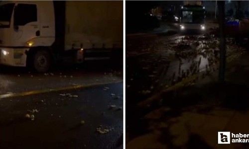 Yenimahalle'de kasası açılan kamyondaki elmalar yola saçıldı