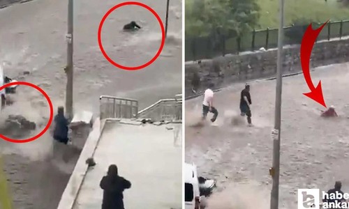 Keçiören'de sel sularına kapılan kişiyi kurtarmaya çalışan vatandaşlar da sele kapıldı!