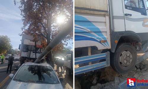 Çankaya'da freni patlayan kamyon direğe çarparak durabildi!