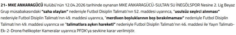 MKE Ankaragücü, İnegölspor maçından dolayı PFDK'ya sevk edildi
