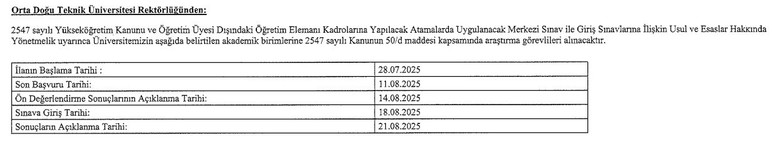 ODTÜ 37 araştırma görevlisi alımı yapacağını açıkladı