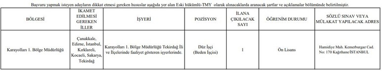 Karayolları Genel Müdürlüğü TMY düz işçi alımı yapacak!