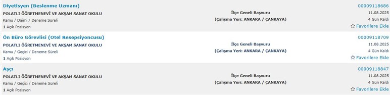 Başkentte Öğretmenevi ve ASO'ya aşçı, ön büro görevlisi ve diyetisyen alınacak