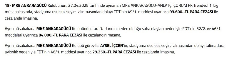 Ankaragücü - Çorum FK maçının cezaları açıklandı