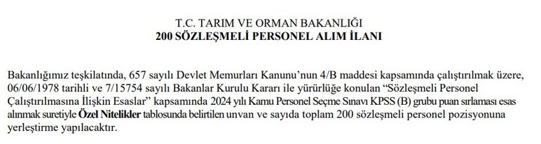 Tarım ve Orman Bakanlığı 200 sözleşmeli personel alımı yapacağını duyurdu