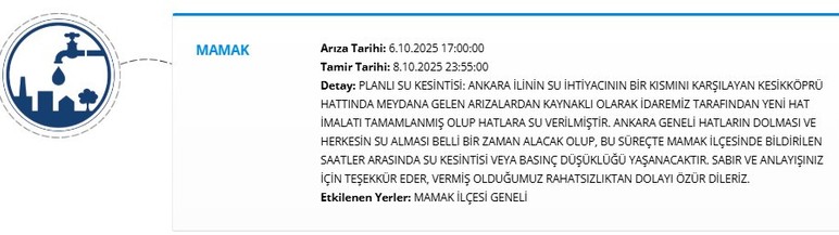 ASKİ Mamak sular ne zaman gelecek? Tamir tarihi ertelendi