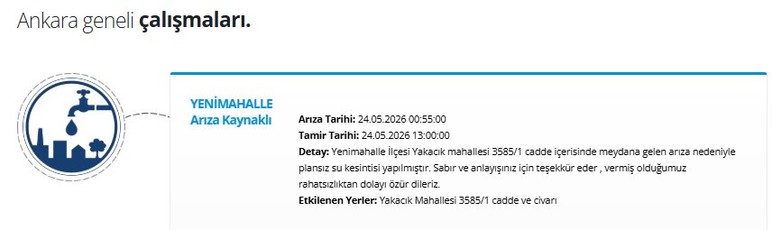 ASKİ'den Yenimahalle için su kesintisi duyurusu: Sular ne zaman gelecek?