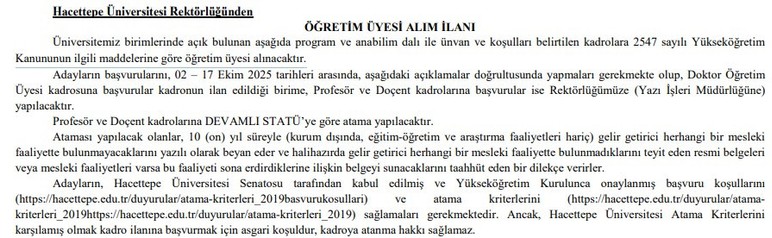 Hacettepe Üniversitesi 66 öğretim üyesi alımı yapacağını duyurdu