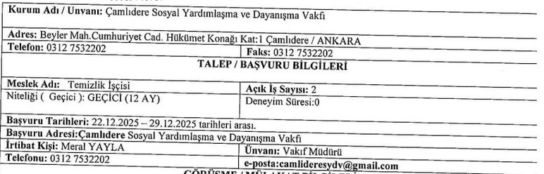 Çamlıdere Sosyal Yardımlaşma ve Dayanışma Vakfı'na geçici işçi alınacak!