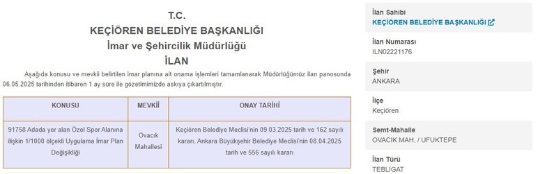 Keçiören Belediyesi imar planı değişikliği yaptığını duyurdu!