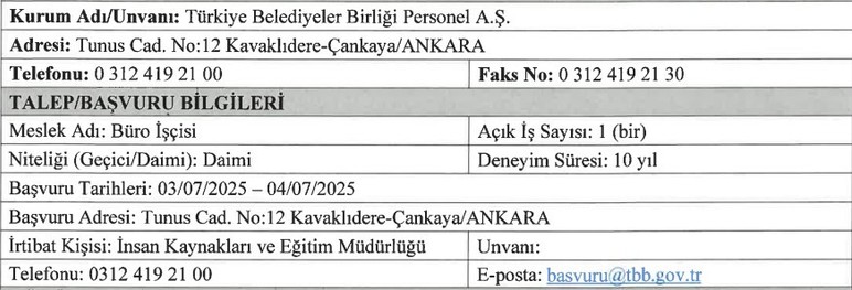 Başkentte Türkiye Belediyeler Birliği sınavsız büro memuru alıyor!