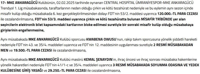 PFDK kararları açıklandı! Ankaragücü'ne ceza yağdı