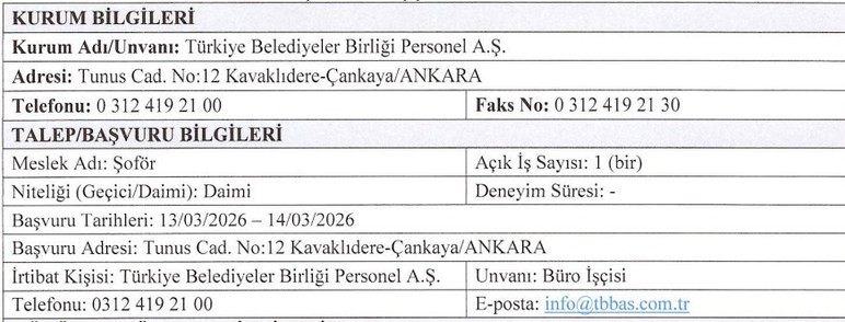 TBB,  Ankara'da daimi şoför alımı yapacak!