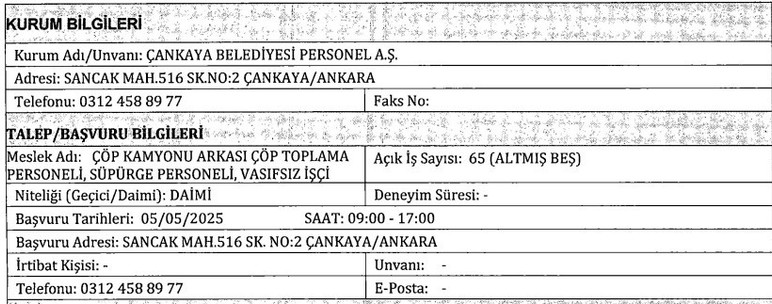 Çankaya Belediyesi 65 daimi işçi alımı yapacak: 18 yaş üstü