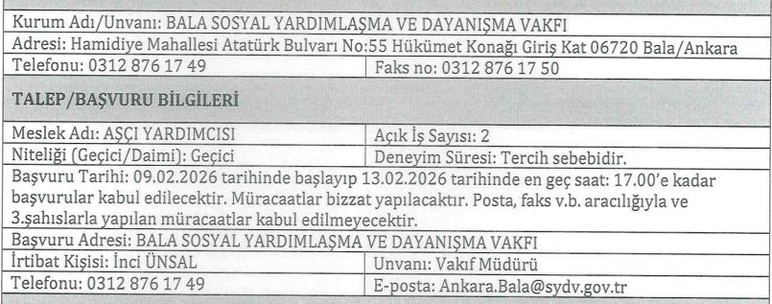 Bala Sosyal Yardımlaşma ve Dayanışma Vakfına aşçı-aşçı yardımcısı alınacak