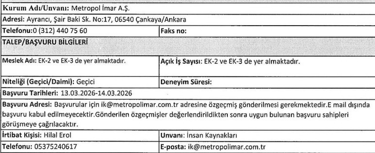 ABB Metropol İmar’dan sınavsız iş fırsatı: 17 meslekte 81 işçi alınacak!