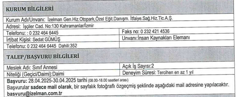 Daimi olarak çalışacak sınıf annesi alınacak: Başvurular 28-30 Nisan arası