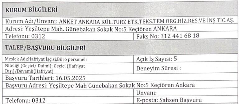 Anket Ankara'ya işçi ve büro personeli alınacak