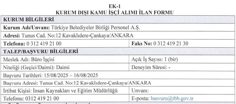 Türkiye Belediyeler Birliği Ankara'da lisans mezunu büro işçisi alıyor