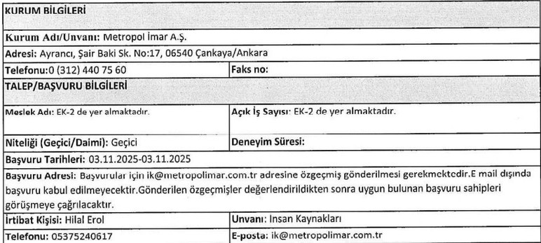 ABB Metropol İmar 4 geçici işçi alımı yapacak!