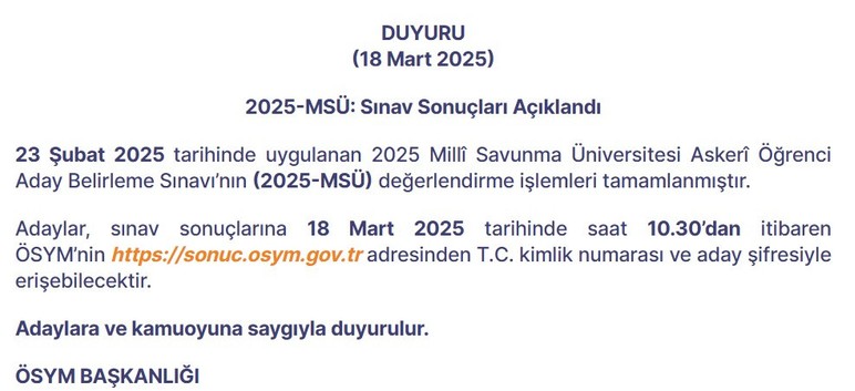 ÖSYM duyurdu: MSÜ sınav sonuçları açıklandı