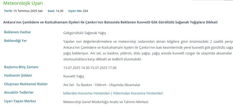 Ankara ve Çankırı'ya son dakika kuvvetli sağanak, dolu ve fırtına uyarısı!