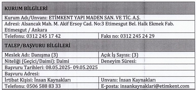 Etimesgut'ta kamu kurumuna danışma alımı yapılacak: Başvurular mail üzerinden