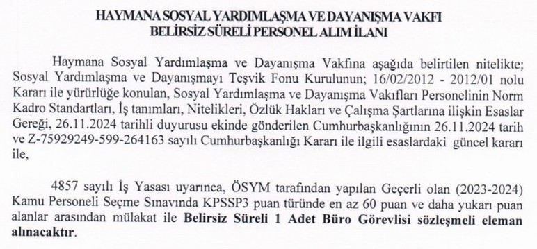 Ankara'da SYDV'ye 2 ay deneme süreli büro memuru alınacak