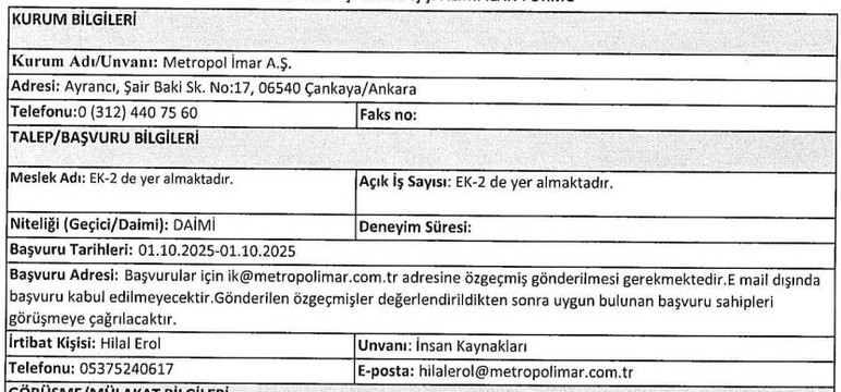 ABB Metropol İmar daimi kamu işçisi alacak
