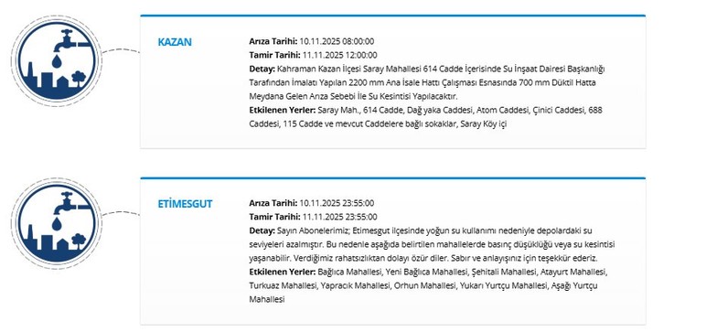 ASKİ duyurdu: Ankara'da 5 ilçede 24 saate varan su kesintisi!
