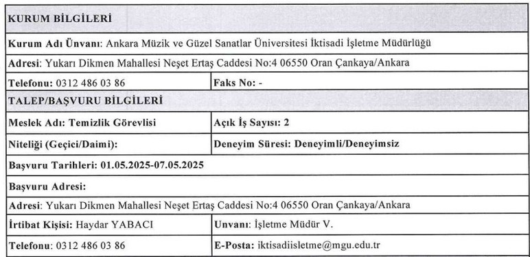 Ankara MGSÜ deneyimli deneyimsiz temizlik görevlisi alacak