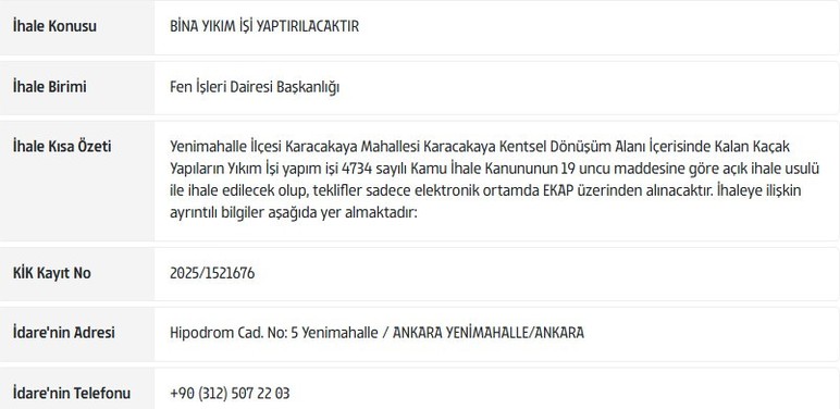 Ankara Büyükşehir Belediyesi, Yenimahalle'de kaçak yapıların yıkımlarına başlıyor