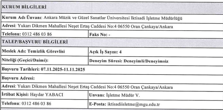 Ankara MGÜ temizlik görevlisi alımı yapacak!