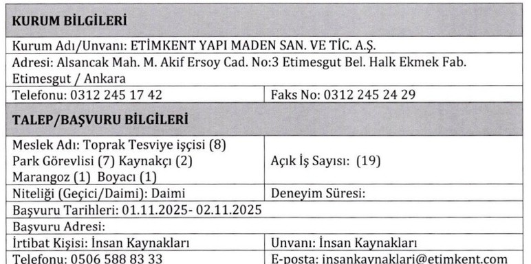 ETİMKENT şoför, işçi, park görevlisi, kaynakçı, boyacı ve marangoz alacak - Resim : 2