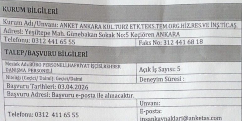 Anket Ankara 3 farklı meslekte geçici daimi personel alımı yapacak
