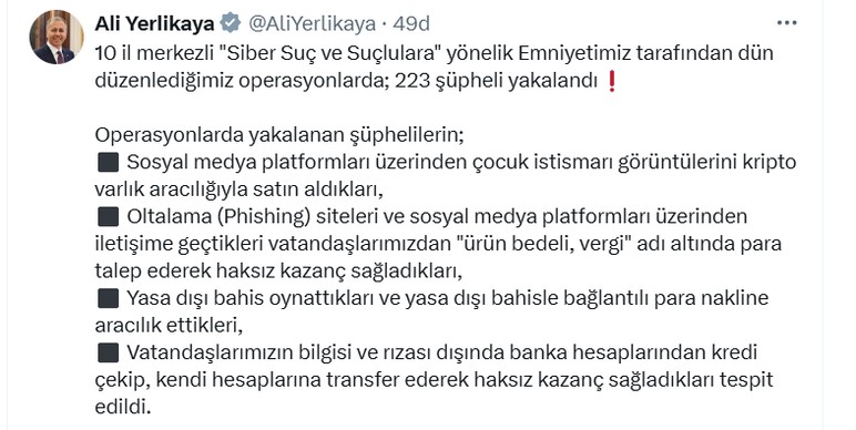 Siber suçlara darbe: 31 ilde  223 gözaltı