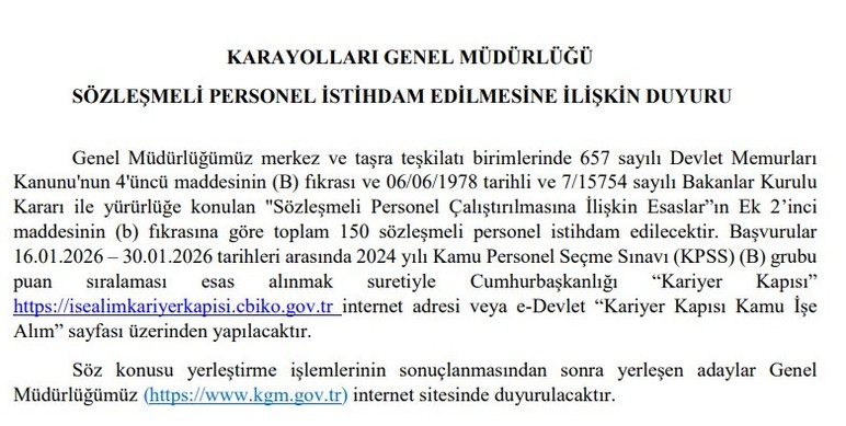 Karayolları Genel Müdürlüğü 150 sözleşmeli personel alacağını duyurdu!