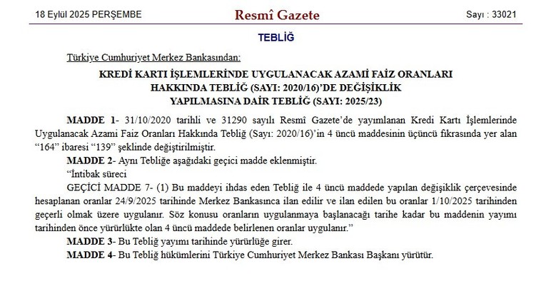 Merkez Bankası kredi kartı  faiz oranlarını değiştirdi
